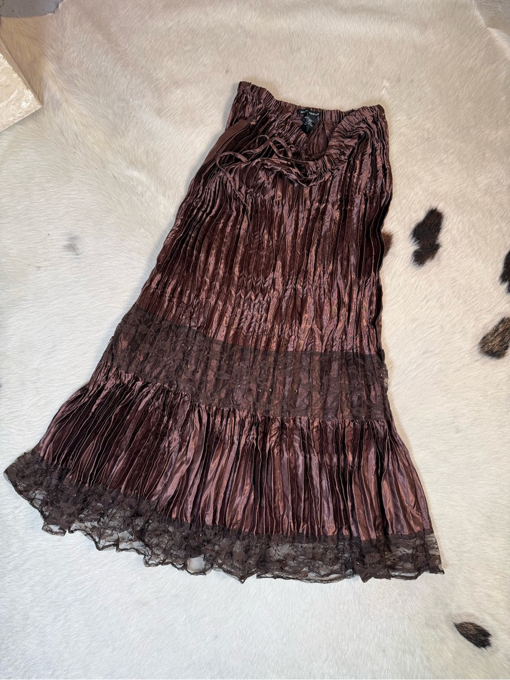 Vintage Y2K Brown Satin Lace Tiered Maxi Skirt M